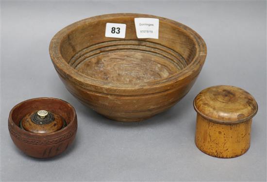 Three Treen turned wood bowls and a coconut cup, dated 1899 bowl diameter 22.5cm